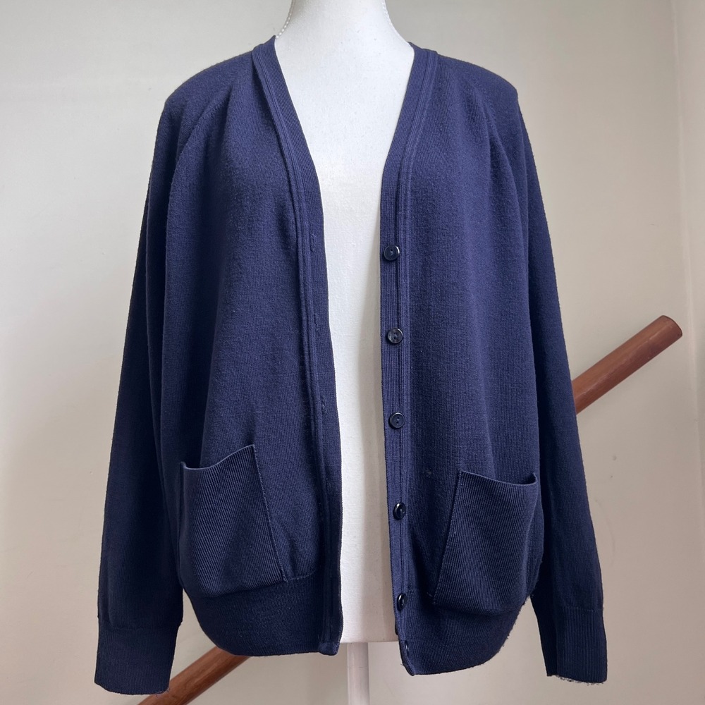 Vintage Cardigan Sweater Navy Blue Lambswool‎ V-Neck Button Front Preppy Baggy